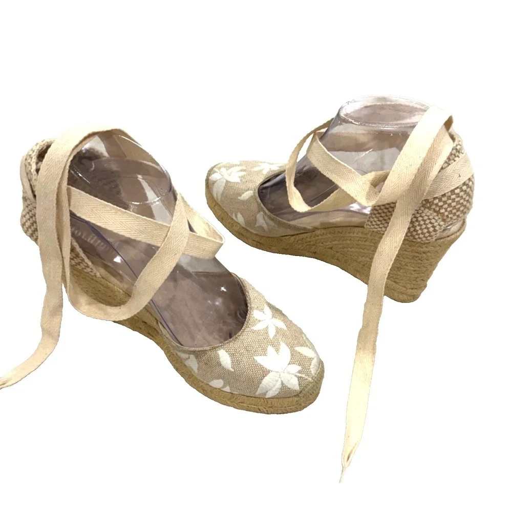 Soludos Floral Embroidered Espadrille Wedge Shoes Lace Up Ankle Tie Beige Size 7